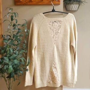 LOVE CHANGE Cream and  Metalic Knit Lace Back Pullover Sweater Size L